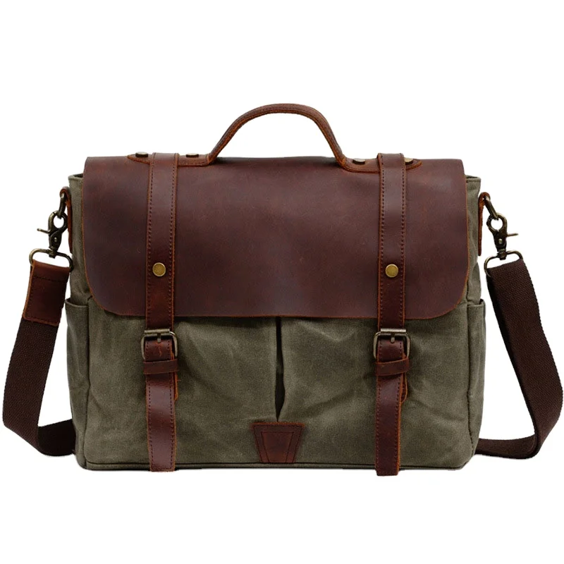 

Vintage leather briefcase shoulder messenger bags waxed canvas tote sling leisure men's bag