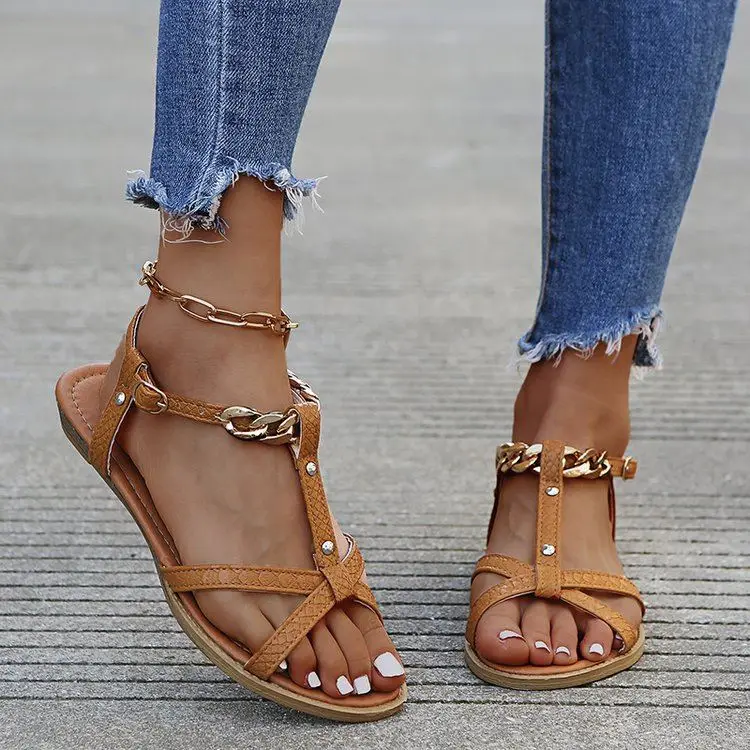 

Plus size flat sandals 2021 new trendy women shoes chain leather hollow out sandals chic casual outdoor beach sandals, Three colors or customized