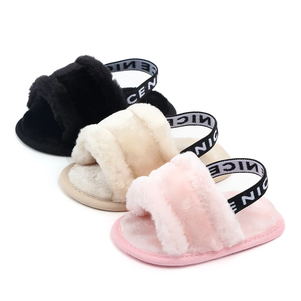 

New Design Baby Plush Sandals Soft Bottom Girls Shoes for newborn flat Toddler Shoes First Walkers faux fur slippers, White, purple, black, pink, apricot, dark gray