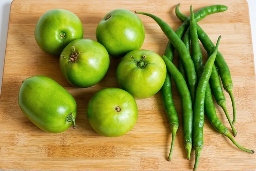 Fresh tomatillos and green chilies arranged on wooden cutting board for easy chili verde recipe