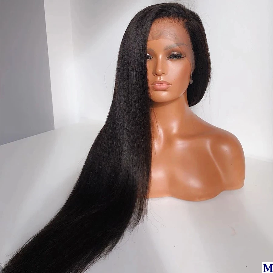 

Mongolian Yaki Straight Lace Front Human Hair Wigs with Bleached Knots Glueless Natural Color Pre Plucked Remy Full End, Natural color lace wig