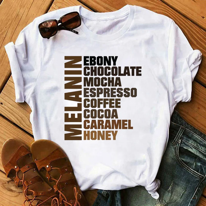 

New Arriving Women Graphic Tee Melanin Tshirt Harajuku Women Causal Plus Size Cotton Tops Tees, Black white gray dark blue red