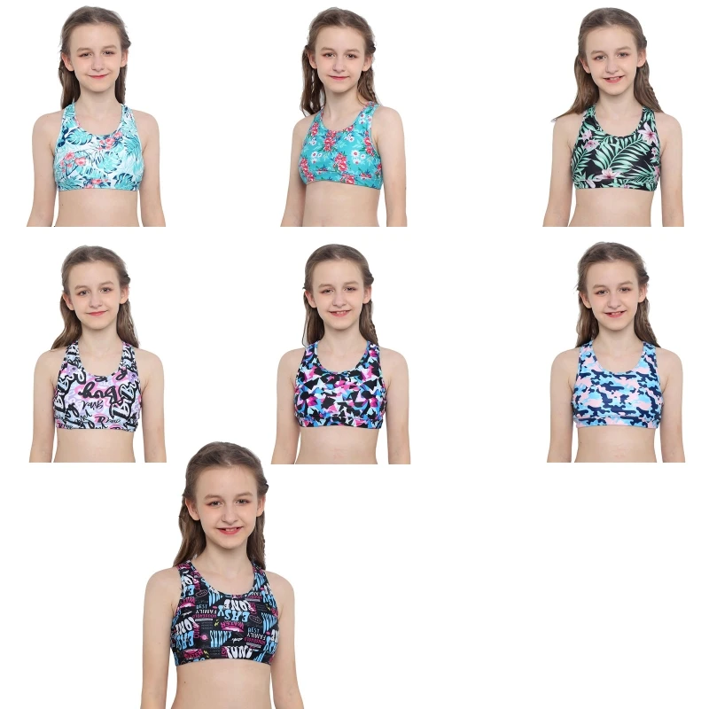 

Custom Kids Girls Tank Top Patterns Printed Racer Crisscross Back Yoga Fitness Gym Soprt Bra