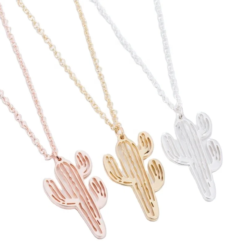 

2021 New Design Cactus Natural Plant Pendant Long Necklace For Women Stainless Steel Gold Plated Gift Jewelry