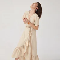 

Clothing manufacturer women's small order Ruffle shortsleeve belt Vacation style casual women's summer dress
