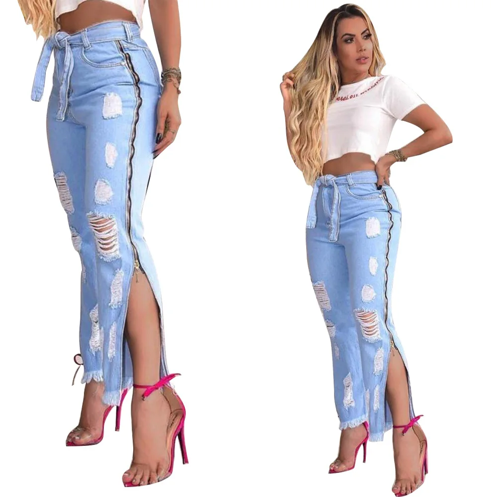 

New Fashion Streetwear Pants Light Blue Ripped Jeans Women Sexy Straight Jeans With Zipper Slit