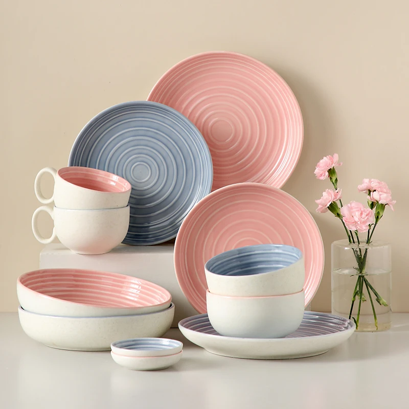 

Father Mother Day Gifts 2022 Round 8 Inch Ceramic Dinner Set Porcelain Restaurant home Dinnerware Sets Breakfast Deep Plate Set, Pink/blue