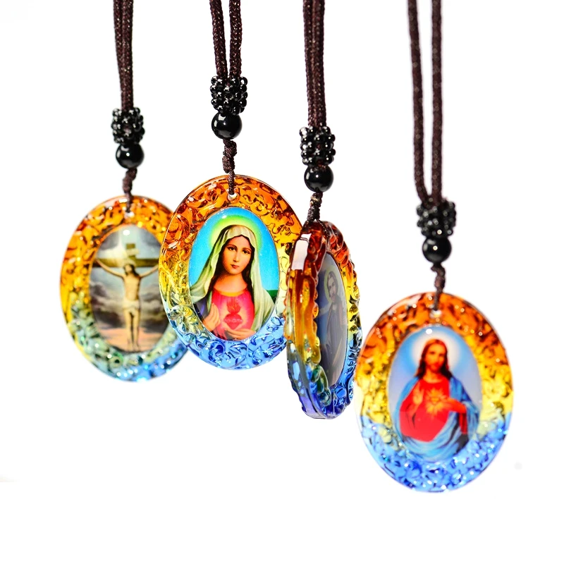 

Rainbow Glass Fashion Religious Jewelry Jesus Mother Mary Pendant Necklace Cross Jewelry, Colorful