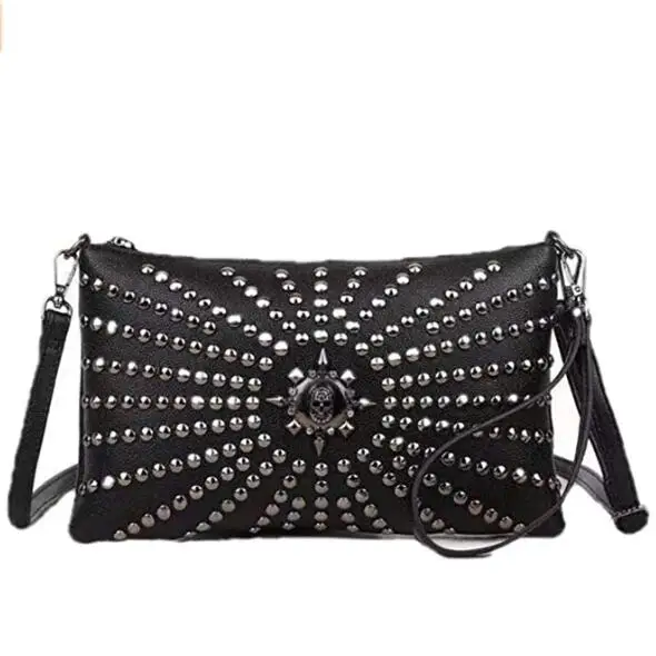 

Skull Rivet Women Clutch Handbag Envelope Small Purse Shoulder Messenger Bag, Black