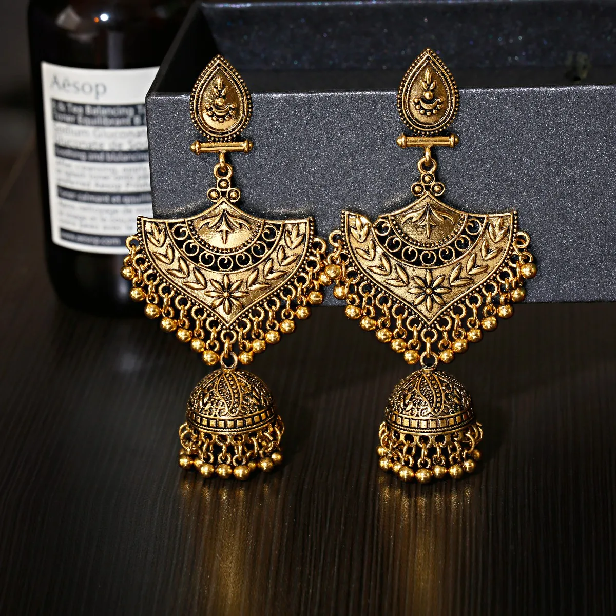 

Retro Women's Big Sector Flower Carved Indian Jhumka Earrings Vintage Bell Tassel Turkey Dangling Earrings, Gold/silver