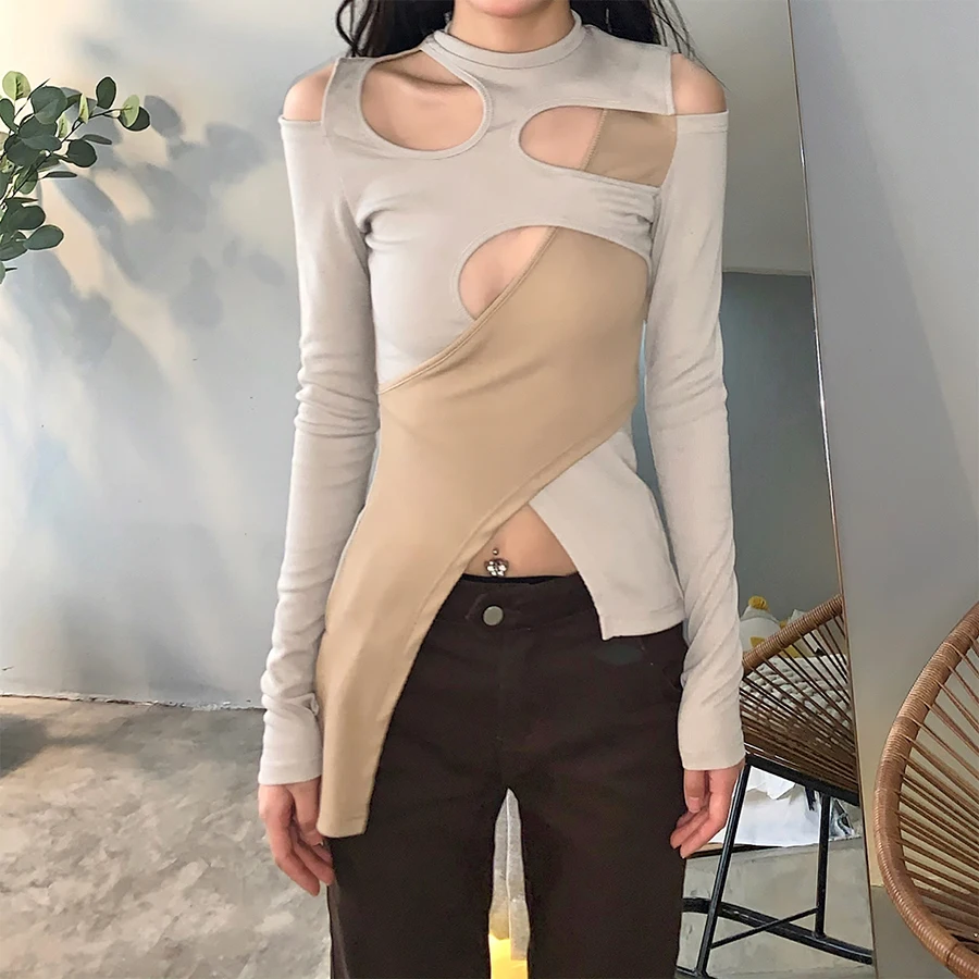 

K21L00143 2021 new Y2k Top Woman Spring Patchwork Crop Top Simple Long Sleeve Casual Streetwear Hollow Out Irregular Tshirt
