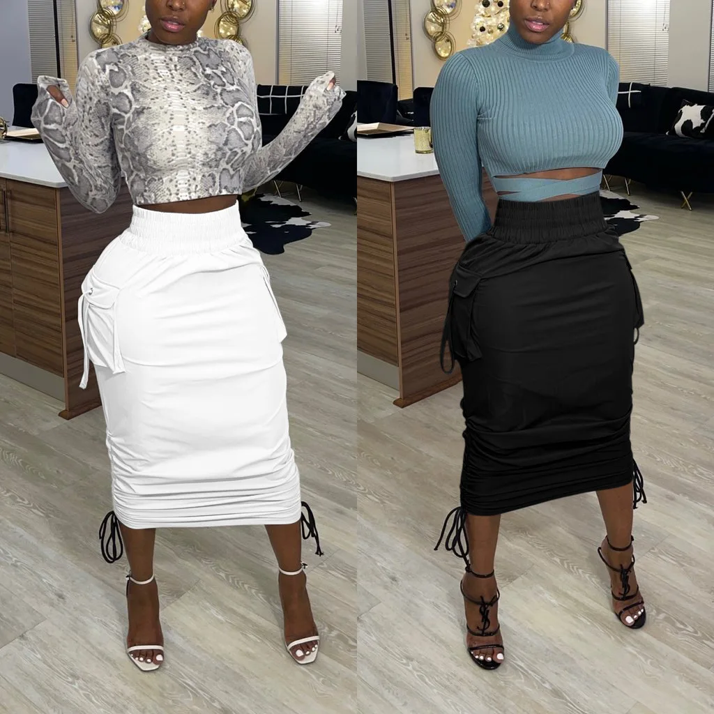 

High Waist Long Skirt Solid Color Women's pockets Lace Ups Bodycon midi skirt 2020 Summer Fashion Style