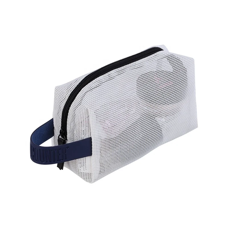 

Professional Factory Custom Logo Blank Zipper White Color Net Fabric with handle Shaver Tools Organizer Bag