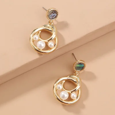 

New Fashion Trend Double Circle Round Abalone Earrings Real Gold Plated Circle Pearl Drop Earrings