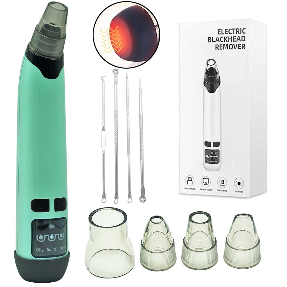 

Electric Nose Facial Hot Compress Pore Vacuum Blackhead Remover Comedone Extractor Tool Set, White, green