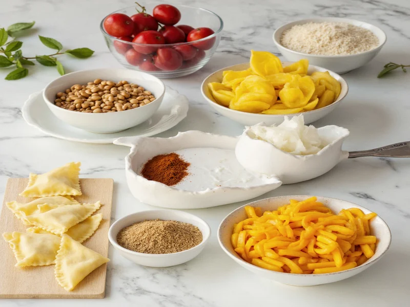 Fresh ravioli filling ingredients on marble counter