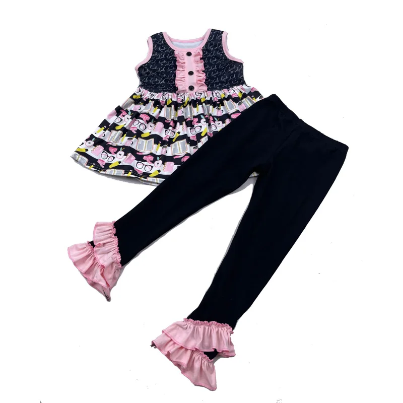 

New fall back to school little girl boutique Clothing Set Western Style ruffle legging outfit Kids Teenage Girls Clothes, Customized designs