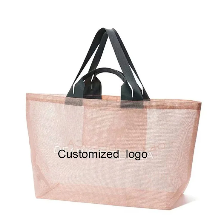 

Customized logo Summer Mesh Beach Bag Lady Handbag, Pink