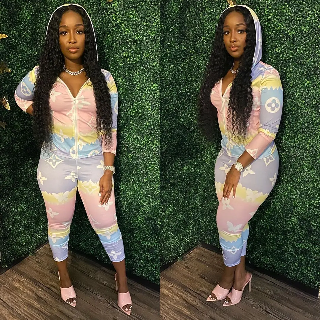 

Autumn and Winter Young Lady Sport Comfortable Fashion Women's Digital Printed Casual Two Pieces Set Zipper Jacket With Pants, Picture