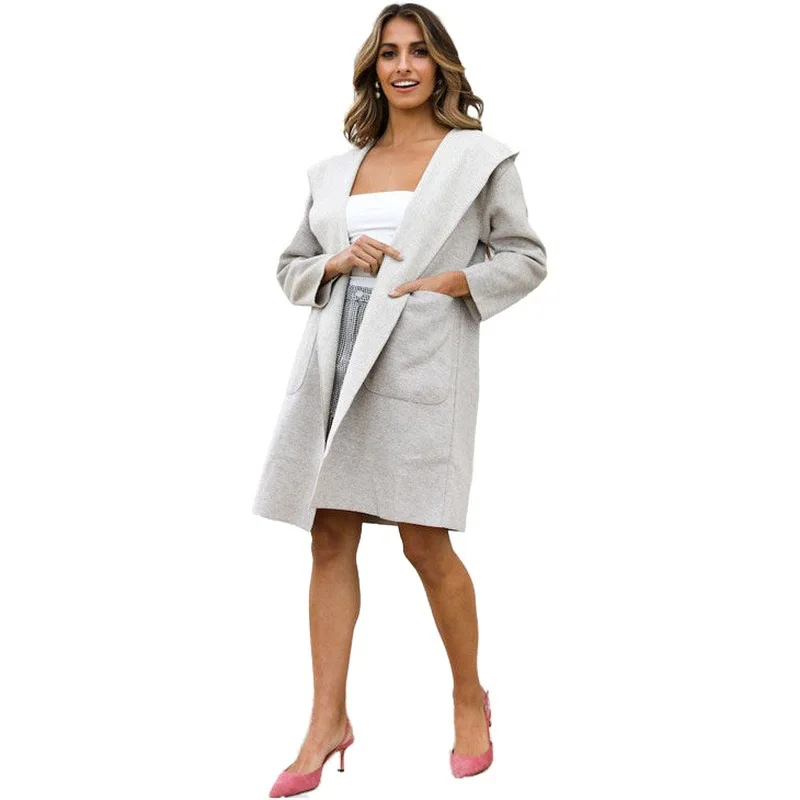 

wholesale winter women long wool sweater cardigan Hooded pocket fashion long sleeve woolen coat female