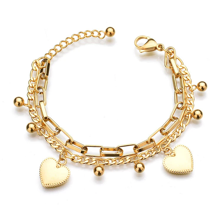 

Wholesale Stainless Steel Women Bracelets Girl Gift Double layer Stylish Heart Charm Pendant Bracelet Adjustable Best Selling