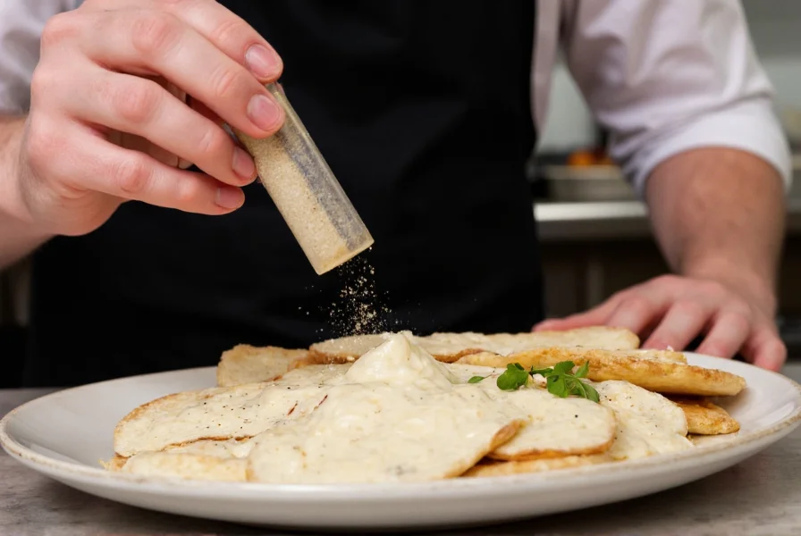 Chef seasoning a creamy white sauce with white pepper in a professional kitchen setting