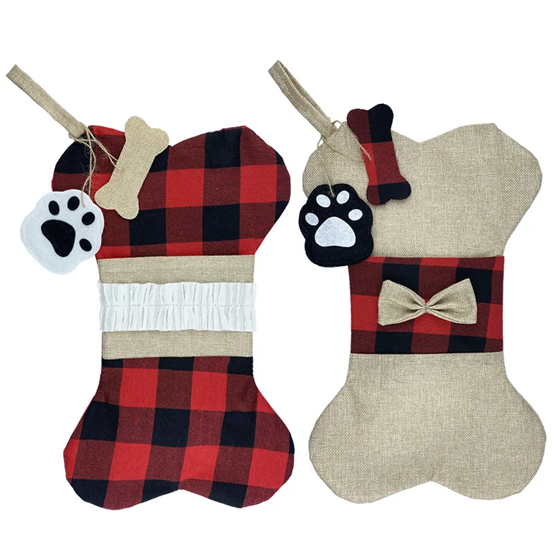 

Cute Christmas Stocking Plaid Gift Decoration Ornaments Linen  Socks Santa Tree Pendant Red Dog Bone For Child Present