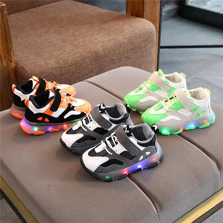 

Spring 2021 new children's LED lights girls' sports shoes boys light-up breathable mesh shoes leisure running shoes, Green, gray, orange