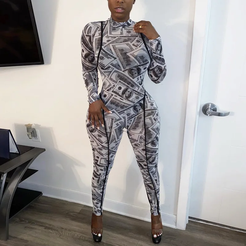 

2020 new arrivals design women stand collar dollars printed full length casual jumpsuit for ladies