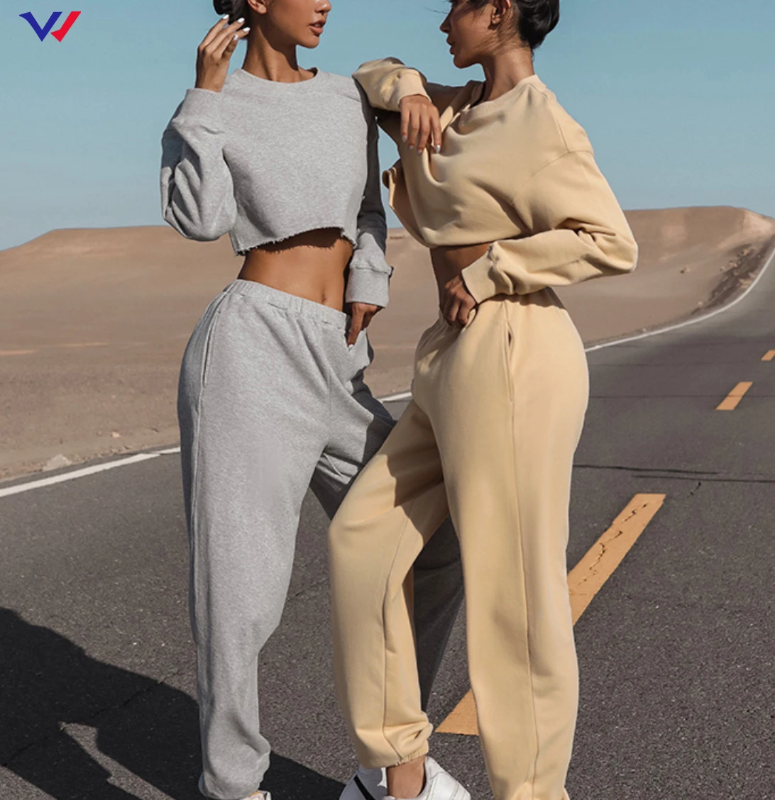 

Fall casual cotton two pieces jogger set adults sweatshirts sets blank sweat suits for women