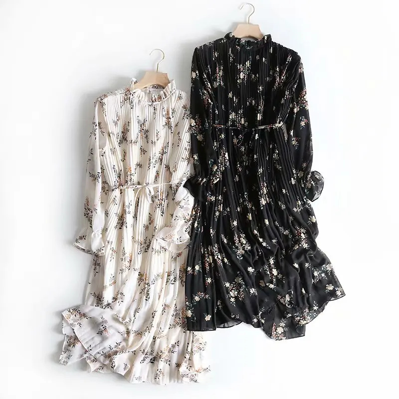 Korean women's wholesale pleated ruffle collar long flower chiffon pleated dress