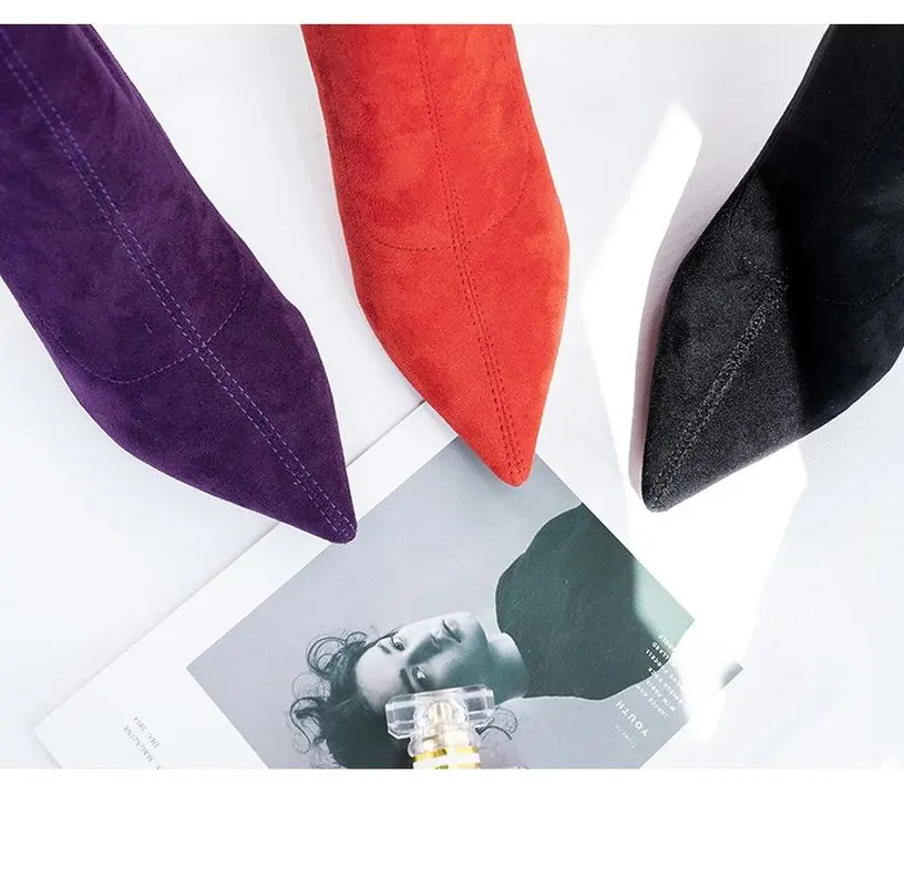 

2021 New Fashion Women Ankle Boots Pointed Toe High Heel Stiletto Soft Suede Slip-on Boot Purple Black Red Cozy Botas Flock