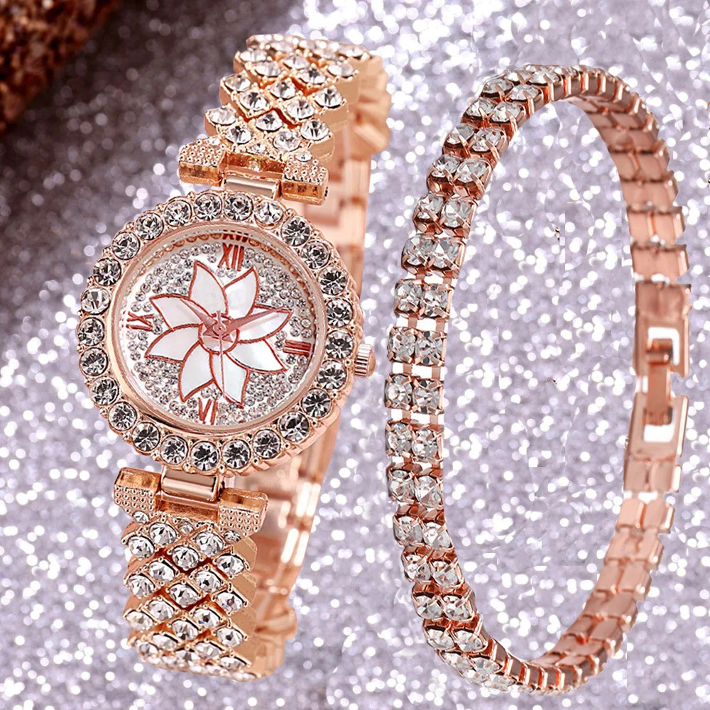 

4417 2pcs Watch+Bracelet Women Stainless Steel Diamond Bracelet Watch Set Jam Tangan Wanita, 3 color as photo