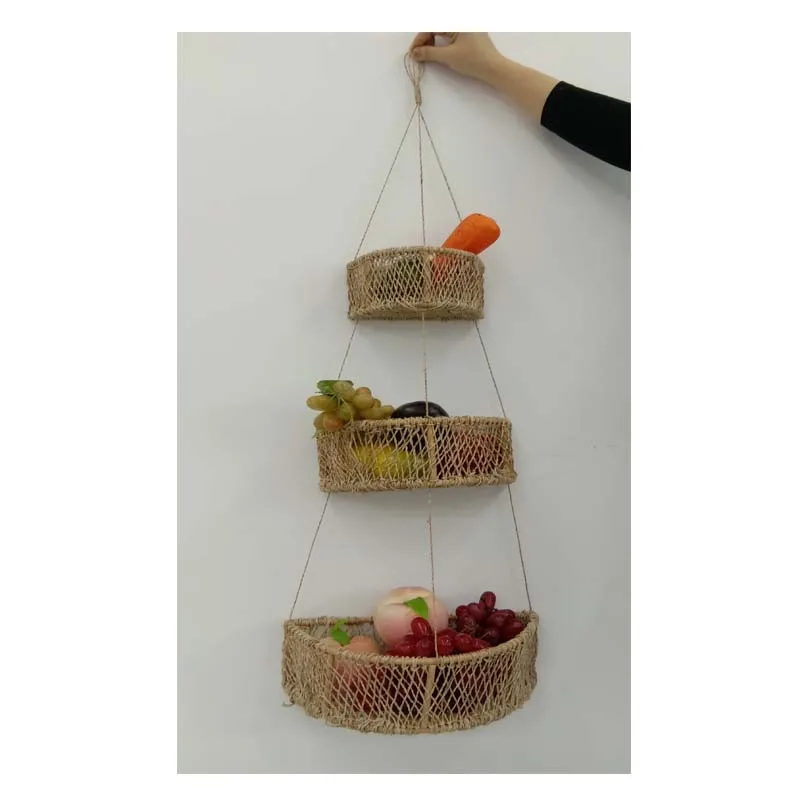 

boho 3 tier cotton hanging jute storage basket flower fruit plant straw hemp rope wall hanging baskets planter for plants