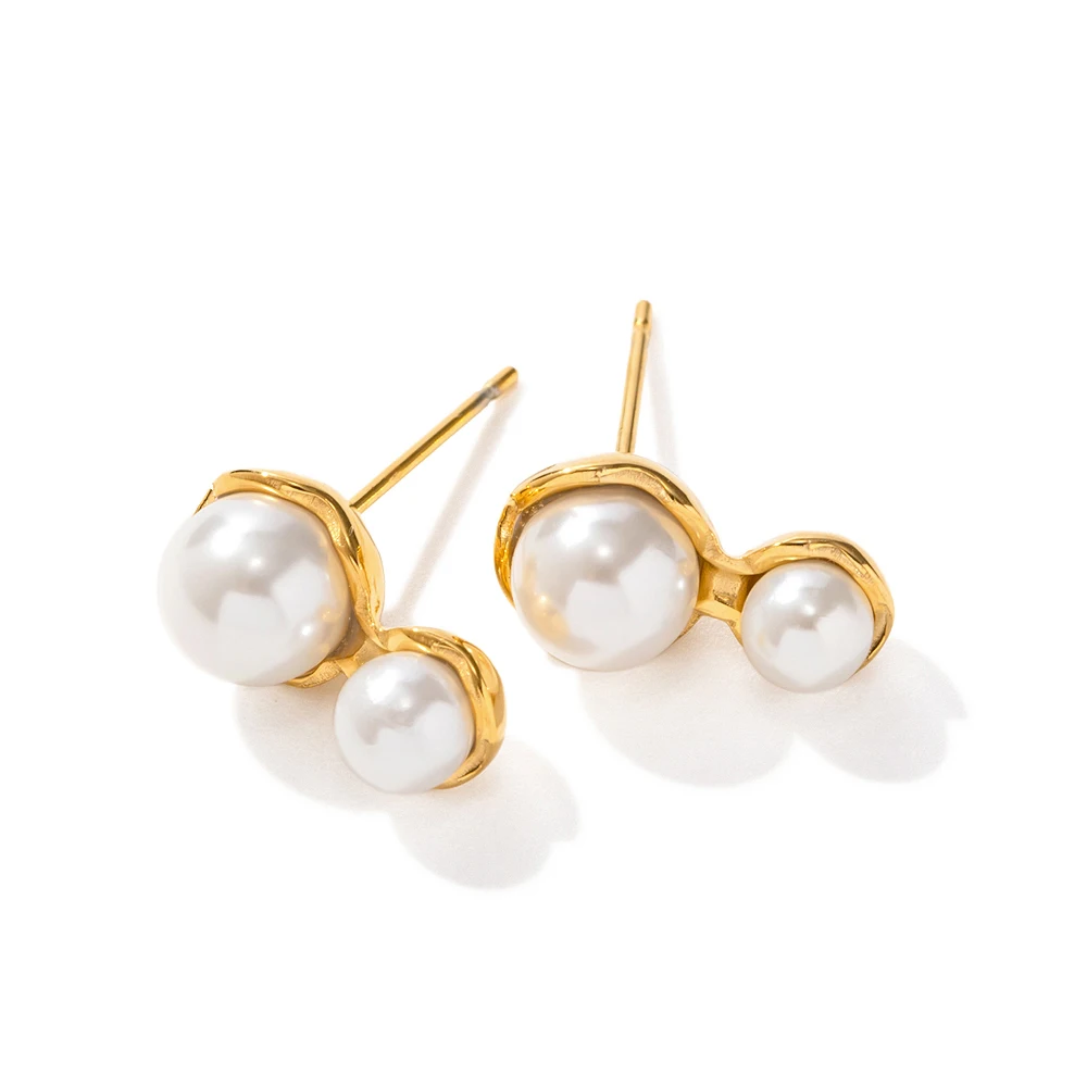 

Charm Stainless Steel 18K Gold Plate Earrings Jewelry For Women Double Layer Shell Pearl Stud Earrings