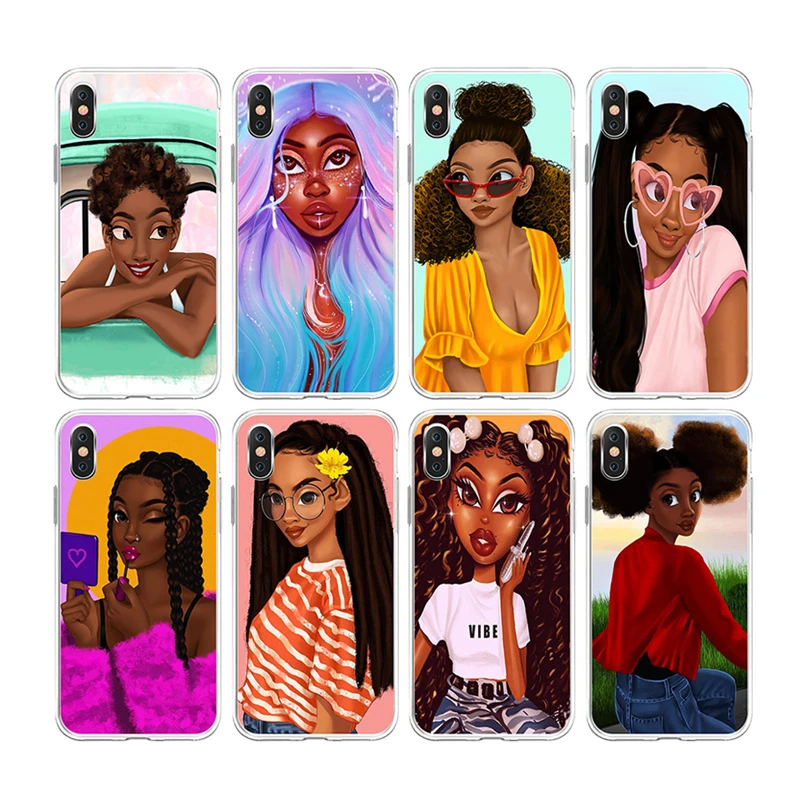 

2021 Fashion Head magic girl logo Custom African Print Black Girl Melanin Poppin Phone Case for iPhone 11 12 Pro Max X XS XR