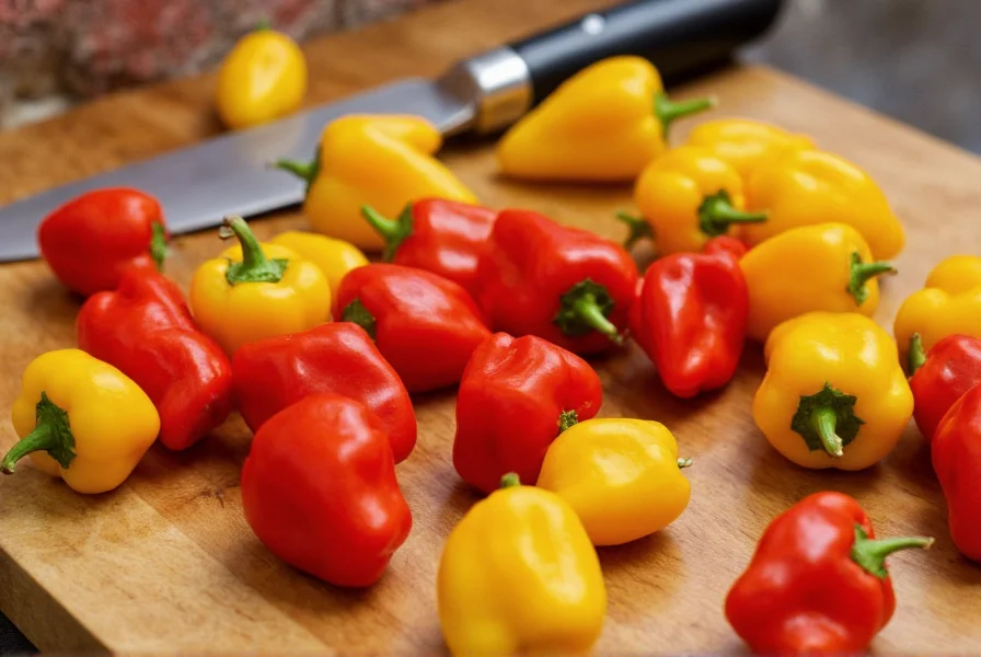 Close-up photograph of red and yellow scotch bonnet peppers on a wooden cutting board with cooking utensils