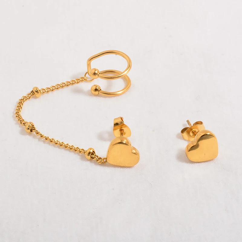 

Stainless Steel Heart Stud Cuff Asymmetrical Earring 10k Gold Statement Ear Climber Cartilage Earrings