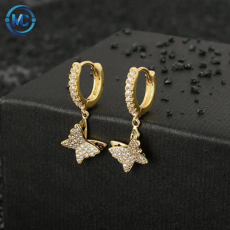 

2021 Micro Pave Cubic Zirconia Butterfly Dangle Gold plated earrings men and woman