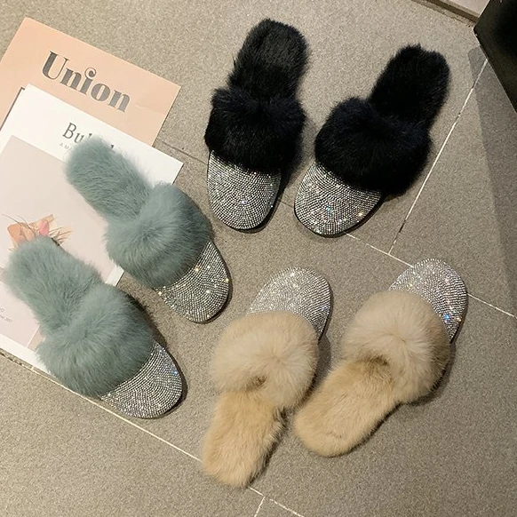 

Winter Fashion Home women's sandals Faux Fur Warm Shoes women rhinestone sandals Slip on Flats plush slippers for women, Black, green, beige