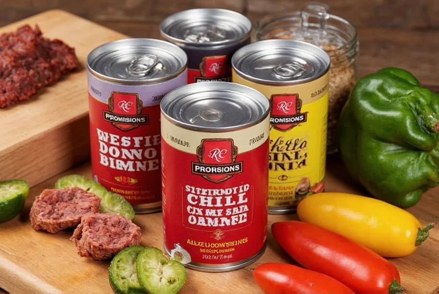 RC Provisions Chili Con Carne cans arranged on wooden table with ingredients