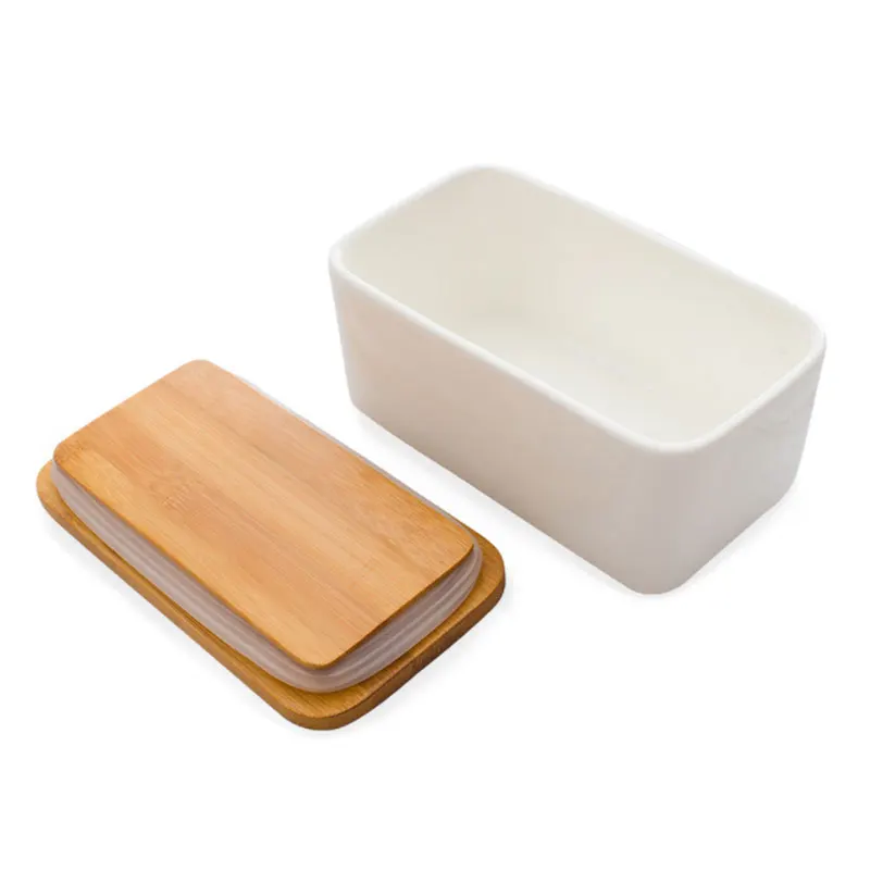 

White rectangular butter box Ceramic butter dish with wooden lid Household ceramic butter box, Customized color