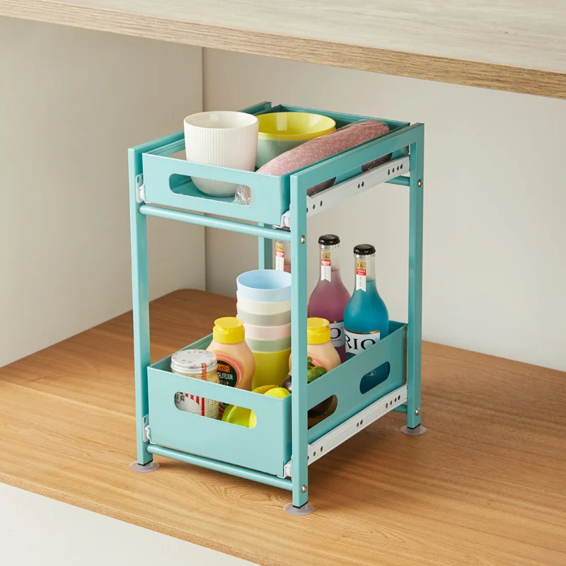 

High Quality Multifunction 2 Tier modern cheap home Kitchen Drawer Storage Rack with metal frame, Customized color