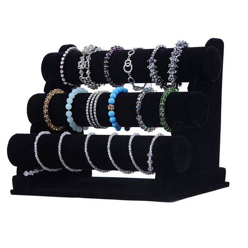 

Wholesale Portable Jewelry Display Rack Black Velvet Three-Tier T Bar Bracelet Bangle Watch Display Organizer Storage Holder, As the picture shown