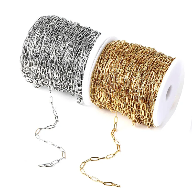 

5meters/Roll 4mm Wide Silver/gold Jewelry stainless steel Rectangle Paper Clip necklace chain for jewelry making