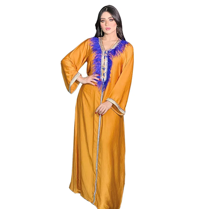 

casual abaya sexy ladies women Hawaiian maxi dress Dubai dress fashion lace embroidery stitching feather Muslim robe clothing, Customers' requirements