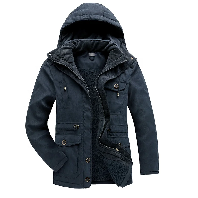 

2021 hot sale men's plus size fleece lined hooded jacket thickened multi-pocket cotton coat casual mid-length coat