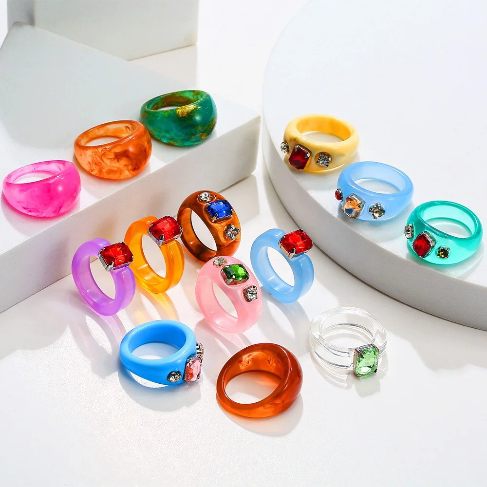 

Mixed Acrylic Rhinestone Resin Rings set Trendy Jelly Multi-color Geometric Square Round Rings Colorful Diamond Round Rings