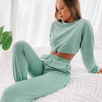 

Short Top Set Long Sleeve Women Casual Cotton Two-piece trendy sports and leisure womens tracksuit two piece set, Picture color