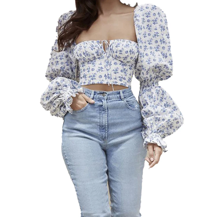 

Europe and America 2021 Long Sleeve Floral Printed Shirts Female Tops Sexy Casual Cropped Top Ruched Tie Up Blouses Blusas Women, Blue